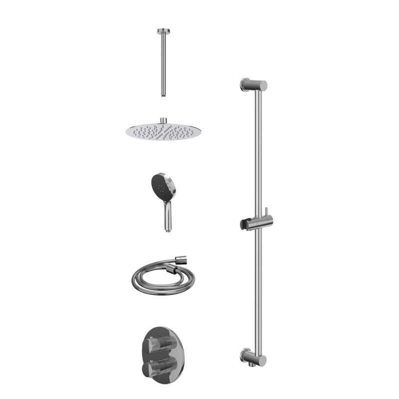 Excl. inbouwbox regendoucheset inbouwthermostaatkraan met 2-weg stop-omstel, plafondbuis 30cm, R25cmSL, glijstang met uitlaat, doucheslang 150cm en 3-standen handdouche