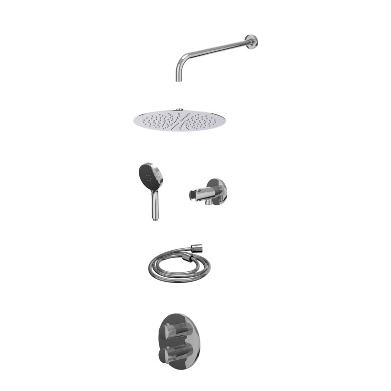 Excl. inbouwbox regendoucheset inbouwthermostaatkraan met 2-weg stop-omstel, wandarm, R30cmSL, houder met uitlaat, doucheslang 150cm en 3-standen handdouche