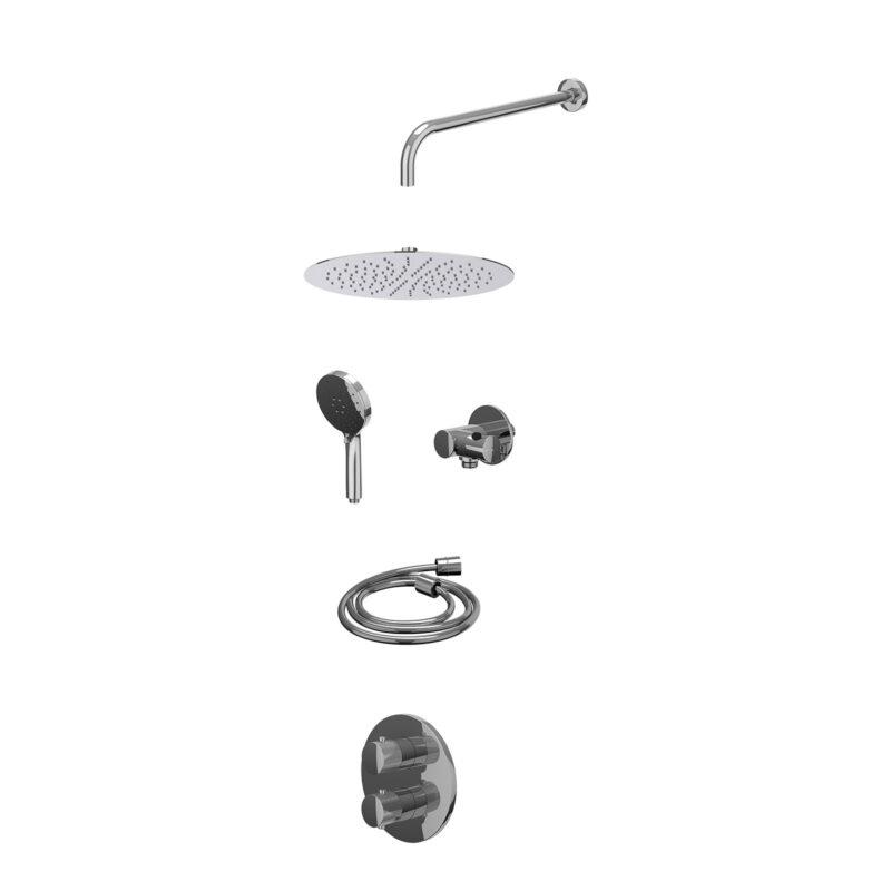 Excl. inbouwbox regendoucheset inbouwthermostaatkraan met 2-weg stop-omstel, wandarm, R30cmSL, verstelbare steun met geïnt. uitlaat, doucheslang 150cm en 3-standen handdouche