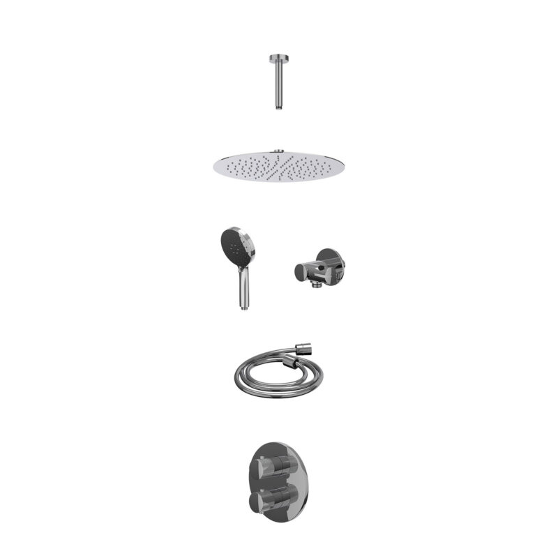 Excl. inbouwbox regendoucheset inbouwthermostaatkraan met 2-weg stop-omstel, plafondbuis 15cm, R30cmSL, verstelbare steun met geïnt. uitlaat, doucheslang 150cm en 3-standen handdouche