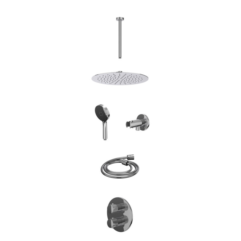 Excl. inbouwbox regendoucheset inbouwthermostaatkraan met 2-weg stop-omstel, plafondbuis 30cm, R30cmSL, houder met uitlaat, doucheslang 150cm en 3-standen handdouche