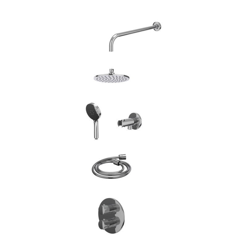 Excl. inbouwbox regendoucheset inbouwthermostaatkraan met 2-weg stop-omstel, wandarm, R20cmME, houder met uitlaat, doucheslang 150cm en 3-standen handdouche