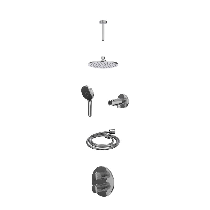 Excl. inbouwbox regendoucheset inbouwthermostaatkraan met 2-weg stop-omstel, plafondbuis 15cm, R20cmME, houder met uitlaat, doucheslang 150cm en 3-standen handdouche
