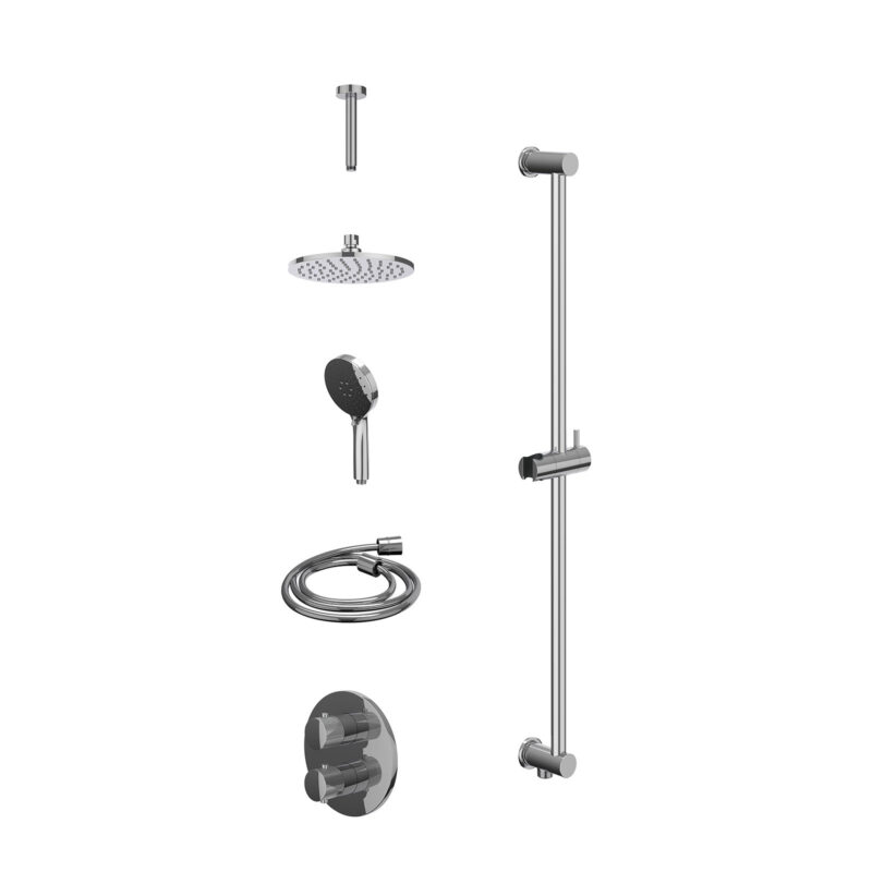 Excl. inbouwbox regendoucheset inbouwthermostaatkraan met 2-weg stop-omstel, plafondbuis 15cm, R20cmME, glijstang met uitlaat, doucheslang 150cm en 3-standen handdouche