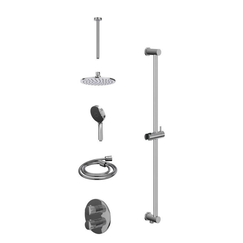 Excl. inbouwbox regendoucheset inbouwthermostaatkraan met 2-weg stop-omstel, plafondbuis 30cm, R20cmME, glijstang met uitlaat, doucheslang 150cm en 3-standen handdouche