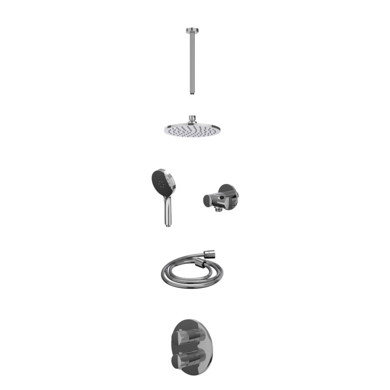 Excl. inbouwbox regendoucheset inbouwthermostaatkraan met 2-weg stop-omstel, plafondbuis 30cm, R20cmME, verstelbare steun met geïnt. uitlaat, doucheslang 150cm en 3-standen handdouche