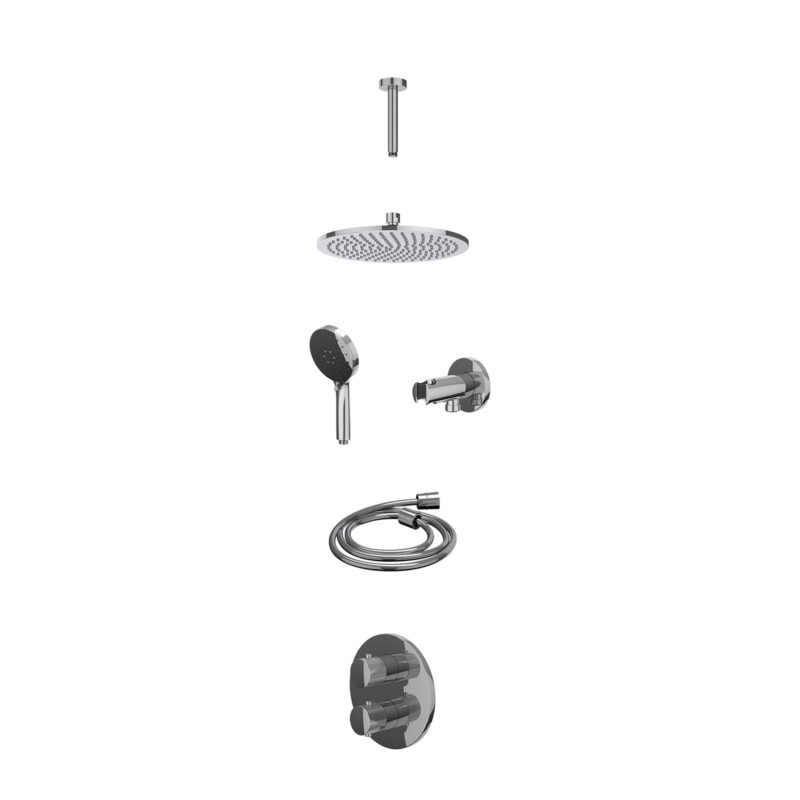 Excl. inbouwbox regendoucheset inbouwthermostaatkraan met 2-weg stop-omstel, plafondbuis 15cm, R25cmME, houder met uitlaat, doucheslang 150cm en 3-standen handdouche