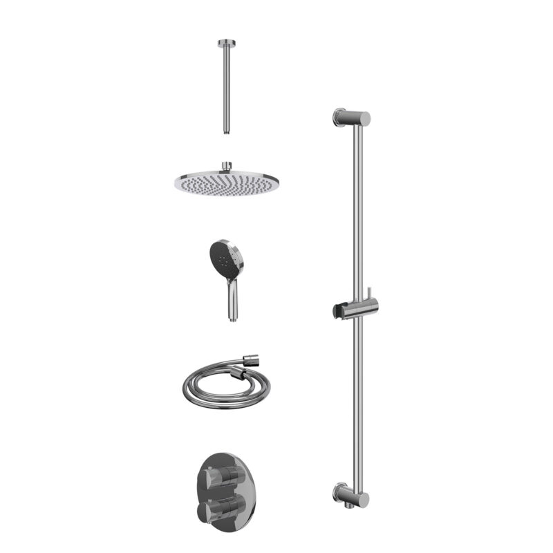 Excl. inbouwbox regendoucheset inbouwthermostaatkraan met 2-weg stop-omstel, plafondbuis 30cm, R25cmME, glijstang met uitlaat, doucheslang 150cm en 3-standen handdouche