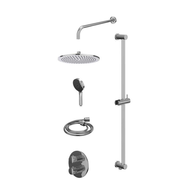 Excl. inbouwbox regendoucheset inbouwthermostaatkraan met 2-weg stop-omstel, wandarm, R30cmME, glijstang met uitlaat, doucheslang 150cm en 3-standen handdouche