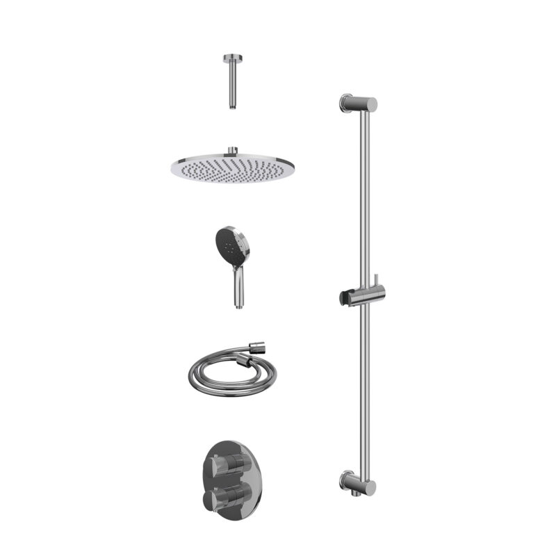 Excl. inbouwbox regendoucheset inbouwthermostaatkraan met 2-weg stop-omstel, plafondbuis 15cm, R30cmME, glijstang met uitlaat, doucheslang 150cm en 3-standen handdouche
