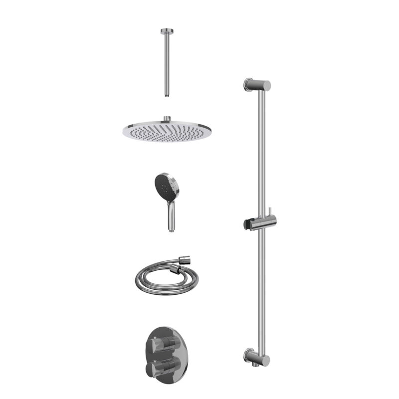 Excl. inbouwbox regendoucheset inbouwthermostaatkraan met 2-weg stop-omstel, plafondbuis 30cm, R30cmME, glijstang met uitlaat, doucheslang 150cm en 3-standen handdouche