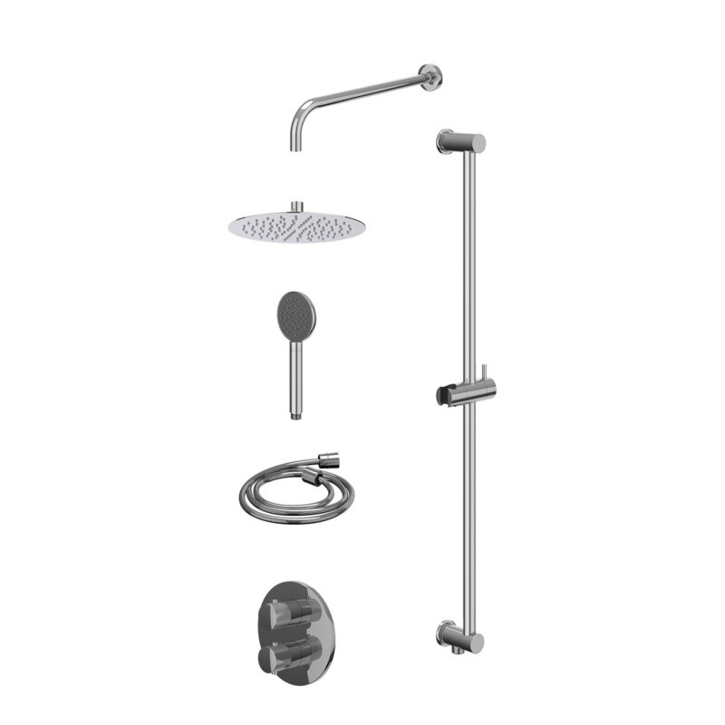 Winkelwagen 32 Excl. inbouwbox regendoucheset inbouwthermostaatkraan met 2-weg stop-omstel, wandarm, R25cmSL, glijstang met uitlaat, doucheslang 150cm en satin spray handdouche
