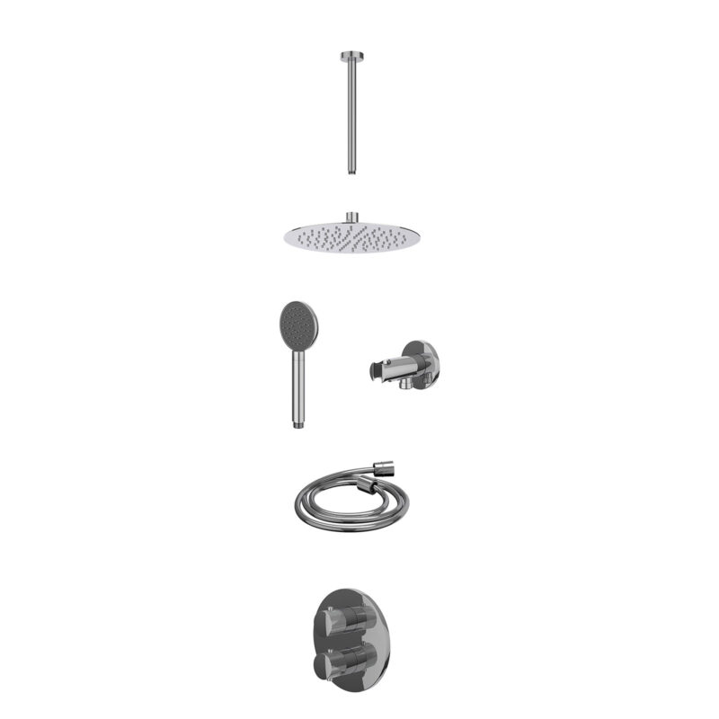 Excl. inbouwbox regendoucheset inbouwthermostaatkraan met 2-weg stop-omstel, plafondbuis 30cm, R25cmSL, houder met uitlaat, doucheslang 150cm en satin spray handdouche