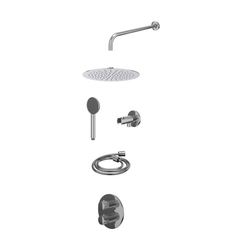 Excl. inbouwbox regendoucheset inbouwthermostaatkraan met 2-weg stop-omstel, wandarm, R30cmSL, houder met uitlaat, doucheslang 150cm en satin spray handdouche