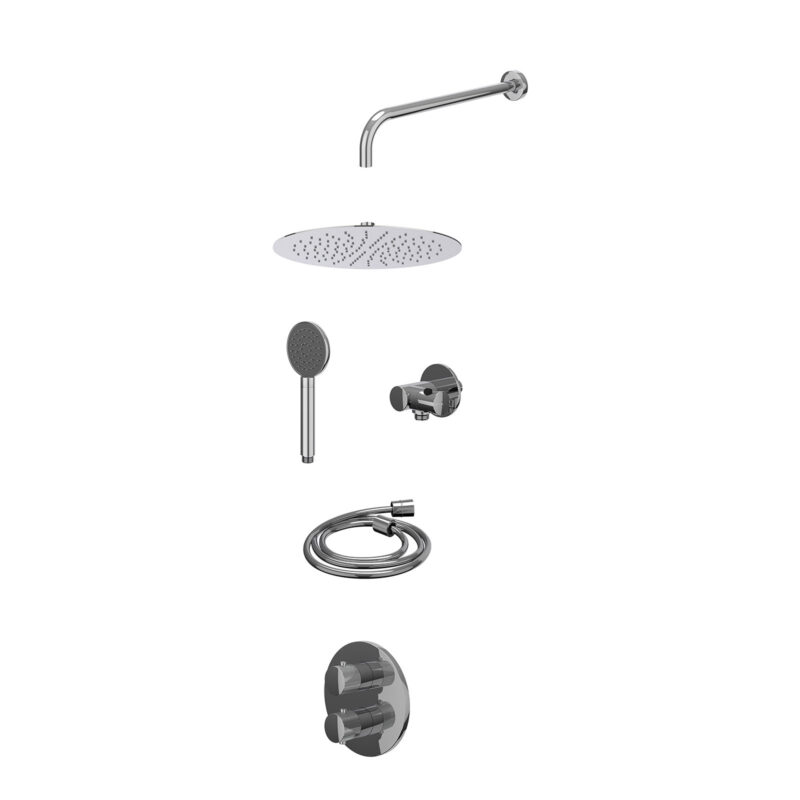 Excl. inbouwbox regendoucheset inbouwthermostaatkraan met 2-weg stop-omstel, wandarm, R30cmSL, verstelbare steun met geïnt. uitlaat, doucheslang 150cm en satin spray handdouche