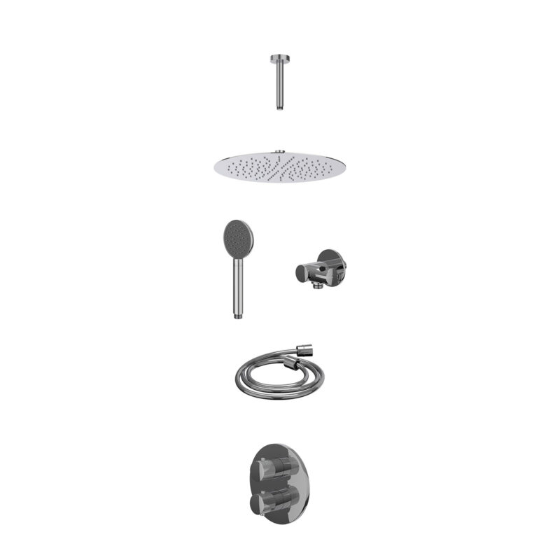 Excl. inbouwbox regendoucheset inbouwthermostaatkraan met 2-weg stop-omstel, plafondbuis 15cm, R30cmSL, verstelbare steun met geïnt. uitlaat, doucheslang 150cm en satin spray handdouche