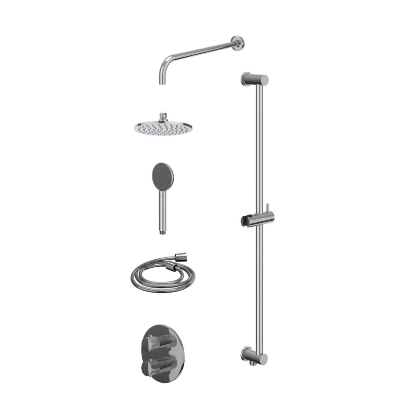 Excl. inbouwbox regendoucheset inbouwthermostaatkraan met 2-weg stop-omstel, wandarm, R20cmME, glijstang met uitlaat, doucheslang 150cm en satin spray handdouche