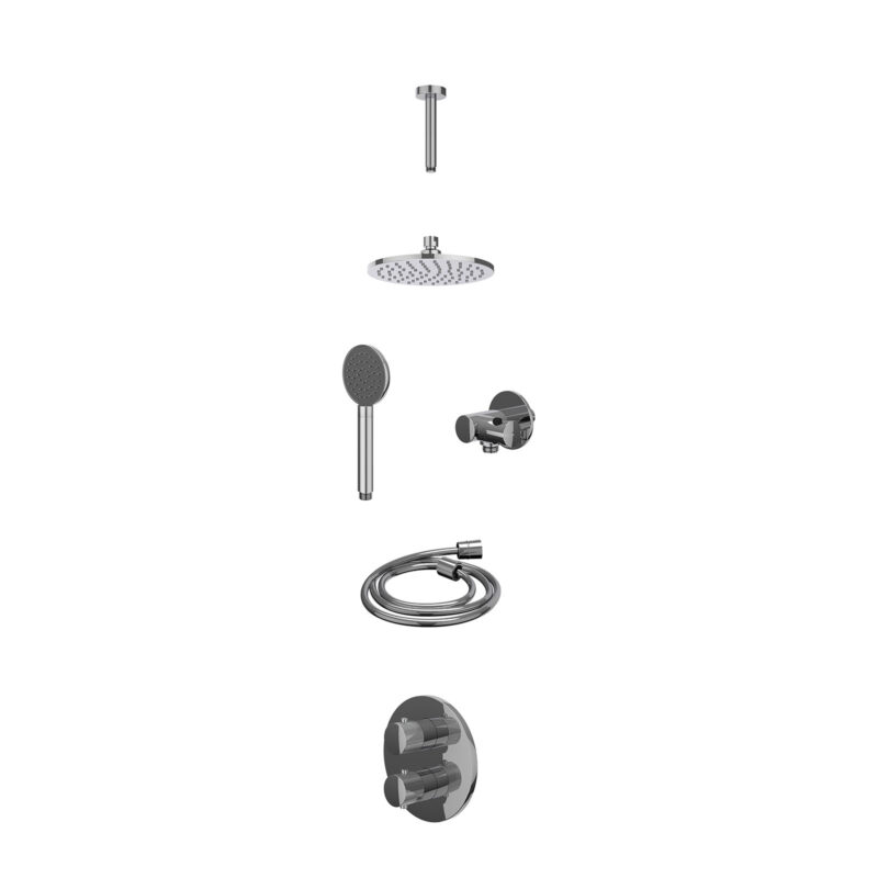 Excl. inbouwbox regendoucheset inbouwthermostaatkraan met 2-weg stop-omstel, plafondbuis 15cm, R20cmME, verstelbare steun met geïnt. uitlaat, doucheslang 150cm en satin spray handdouche