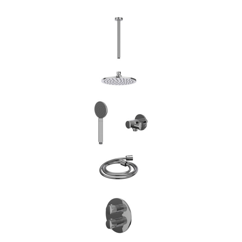 Excl. inbouwbox regendoucheset inbouwthermostaatkraan met 2-weg stop-omstel, plafondbuis 30cm, R20cmME, verstelbare steun met geïnt. uitlaat, doucheslang 150cm en satin spray handdouche
