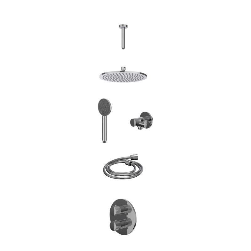 Excl. inbouwbox regendoucheset inbouwthermostaatkraan met 2-weg stop-omstel, plafondbuis 15cm, R25cmME, verstelbare steun met geïnt. uitlaat, doucheslang 150cm en satin spray handdouche
