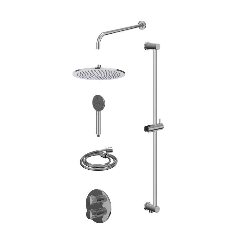 Excl. inbouwbox regendoucheset inbouwthermostaatkraan met 2-weg stop-omstel, wandarm, R30cmME, glijstang met uitlaat, doucheslang 150cm en satin spray handdouche
