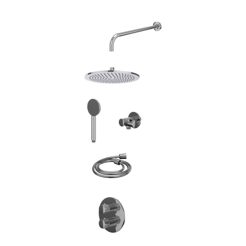 Excl. inbouwbox regendoucheset inbouwthermostaatkraan met 2-weg stop-omstel, wandarm, R30cmME, verstelbare steun met geïnt. uitlaat, doucheslang 150cm en satin spray handdouche