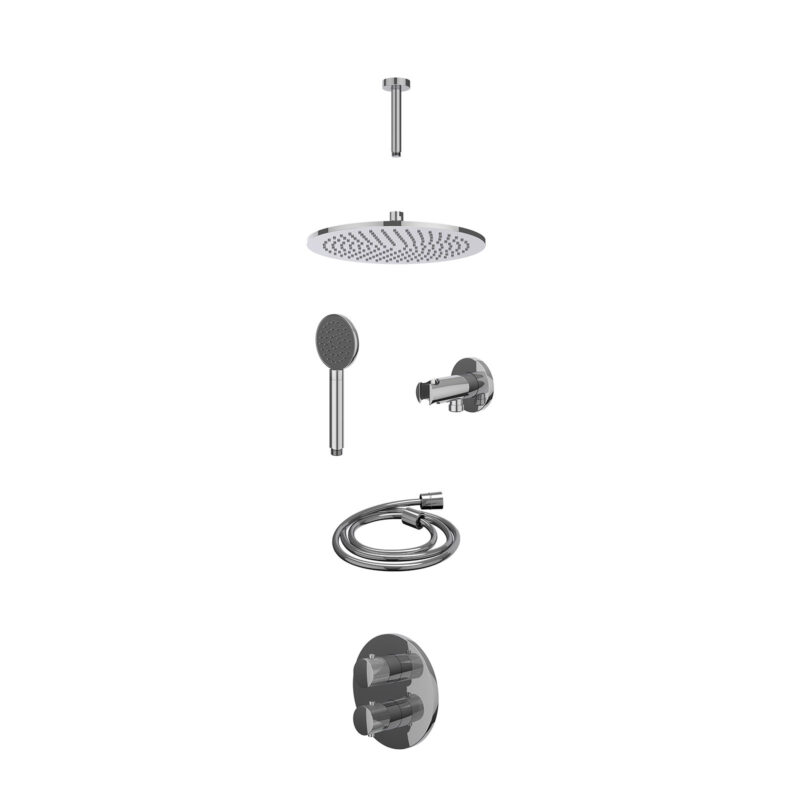 Winkelwagen 56 Excl. inbouwbox regendoucheset inbouwthermostaatkraan met 2-weg stop-omstel, plafondbuis 15cm, R30cmME, houder met uitlaat, doucheslang 150cm en satin spray handdouche