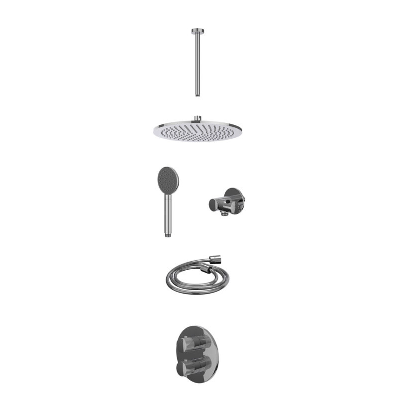 Excl. inbouwbox regendoucheset inbouwthermostaatkraan met 2-weg stop-omstel, plafondbuis 30cm, R30cmME, verstelbare steun met geïnt. uitlaat, doucheslang 150cm en satin spray handdouche