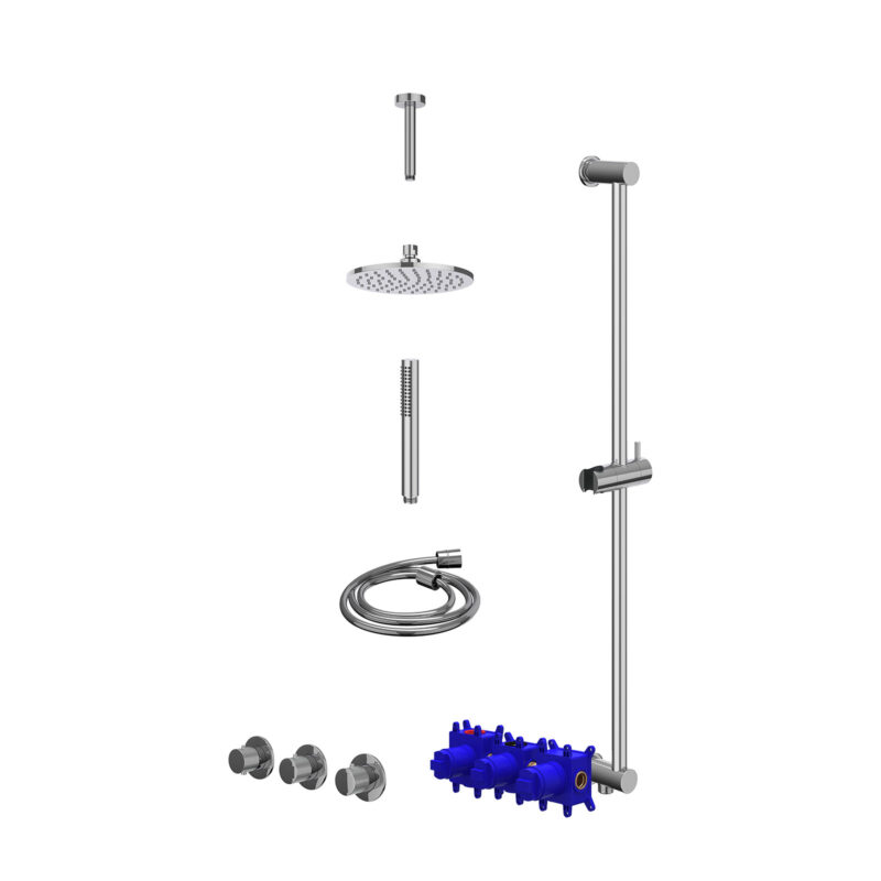 Winkelwagen 17 Regendoucheset inbouwthermostaatkraan met 2 vaste stopkranen symmetry, plafondbuis 15cm, R20cmME, glijstang met uitlaat, doucheslang 150cm en staafmodel