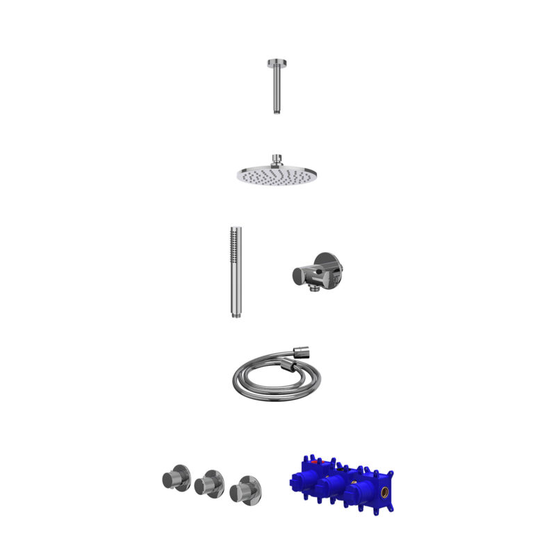 Winkelwagen 17 Regendoucheset inbouwthermostaatkraan met 2 vaste stopkranen symmetry, plafondbuis 15cm, R20cmME, verstelbare steun met geïnt. uitlaat, doucheslang 150cm en staafmodel