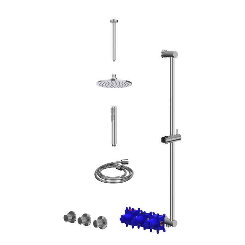 Winkelwagen 27 Regendoucheset inbouwthermostaatkraan met 2 vaste stopkranen symmetry, plafondbuis 30cm, R20cmME, glijstang met uitlaat, doucheslang 150cm en staafmodel