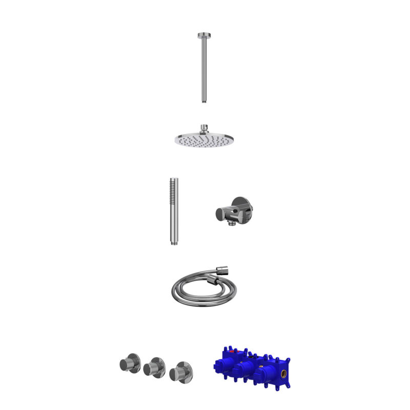 Regendoucheset inbouwthermostaatkraan met 2 vaste stopkranen symmetry, plafondbuis 30cm, R20cmME, verstelbare steun met geïnt. uitlaat, doucheslang 150cm en staafmodel
