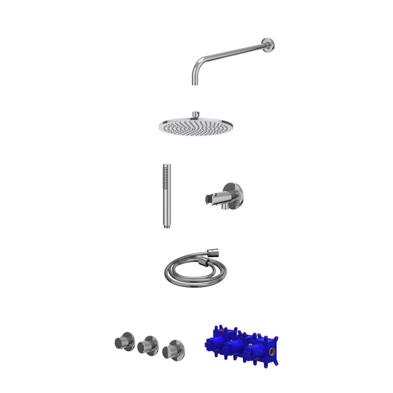 Regendoucheset inbouwthermostaatkraan met 2 vaste stopkranen symmetry, wandarm, R25cmME, houder met uitlaat, doucheslang 150cm en staafmodel