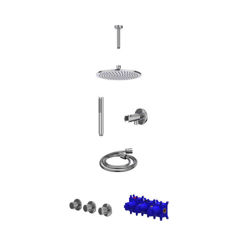 Winkelwagen 39 Regendoucheset inbouwthermostaatkraan met 2 vaste stopkranen symmetry, plafondbuis 15cm, R25cmME, houder met uitlaat, doucheslang 150cm en staafmodel