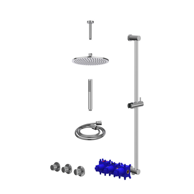 Regendoucheset inbouwthermostaatkraan met 2 vaste stopkranen symmetry, plafondbuis 15cm, R25cmME, glijstang met uitlaat, doucheslang 150cm en staafmodel