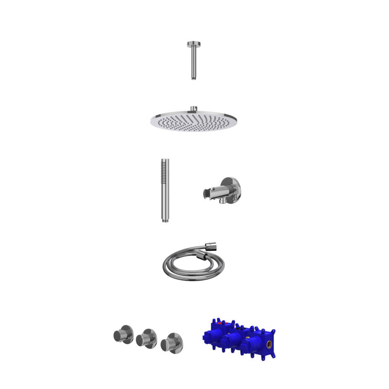 Regendoucheset inbouwthermostaatkraan met 2 vaste stopkranen symmetry, plafondbuis 15cm, R30cmME, houder met uitlaat, douches
