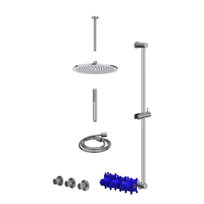 Regendoucheset inbouwthermostaatkraan met 2 vaste stopkranen symmetry, plafondbuis 30cm, R30cmME, glijstang met uitlaat, douc