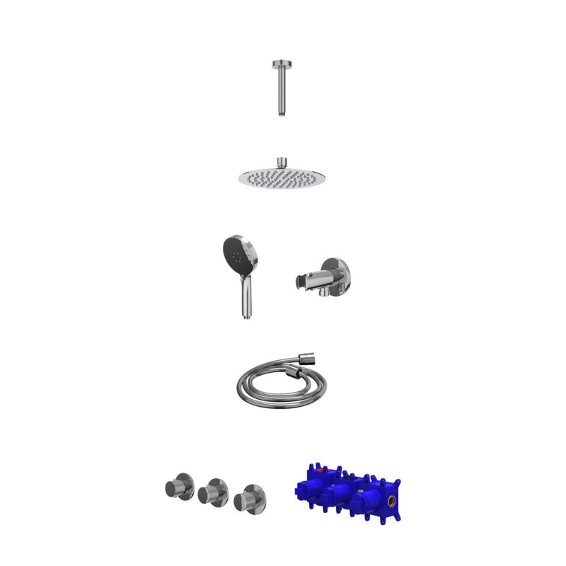 Winkelwagen 41 Regendoucheset inbouwthermostaatkraan met 2 vaste stopkranen symmetry, plafondbuis 15cm, R20cmSL, houder met uitlaat, doucheslang 150cm en 3-standen handdouche