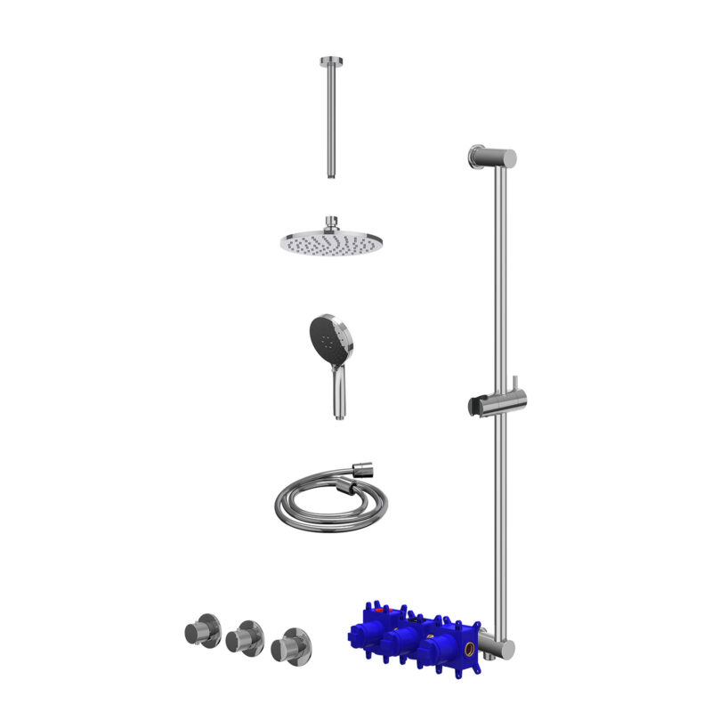 Regendoucheset inbouwthermostaatkraan met 2 vaste stopkranen symmetry, plafondbuis 30cm, R20cmME, glijstang met uitlaat, douc