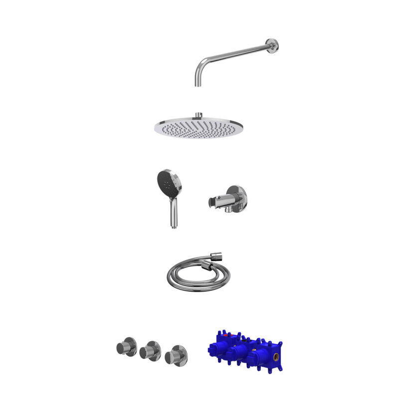 Regendoucheset inbouwthermostaatkraan met 2 vaste stopkranen symmetry, wandarm, R30cmME, houder met uitlaat, doucheslang 150c
