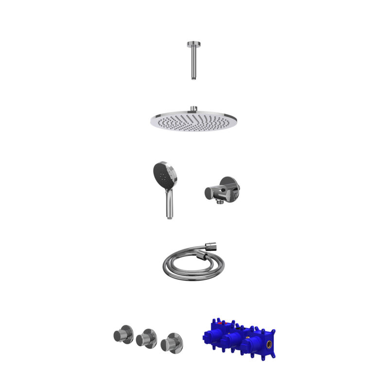 Regendoucheset inbouwthermostaatkraan met 2 vaste stopkranen symmetry, plafondbuis 15cm, R30cmME, verstelbare steun met geïnt
