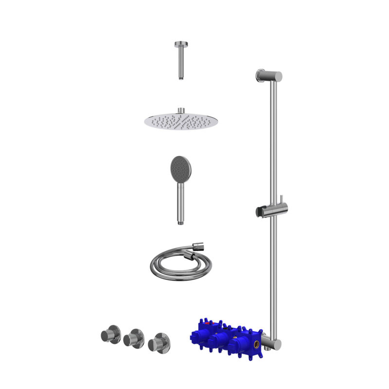 Regendoucheset inbouwthermostaatkraan met 2 vaste stopkranen symmetry, plafondbuis 15cm, R25cmSL, glijstang met uitlaat, doucheslang 150cm en satin spray handdouche
