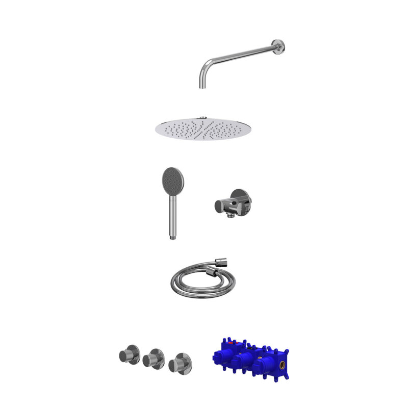 Winkelwagen 12 Regendoucheset inbouwthermostaatkraan met 2 vaste stopkranen symmetry, wandarm, R30cmSL, verstelbare steun met geïnt. uitlaat, doucheslang 150cm en satin spray handdouche