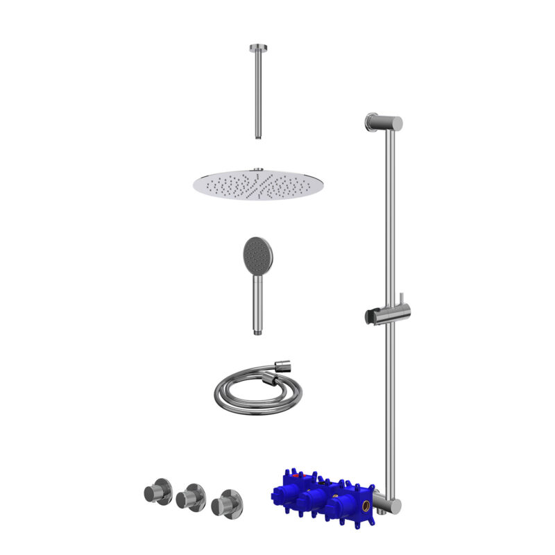 Winkelwagen 21 Regendoucheset inbouwthermostaatkraan met 2 vaste stopkranen symmetry, plafondbuis 30cm, R30cmSL, glijstang met uitlaat, doucheslang 150cm en satin spray handdouche