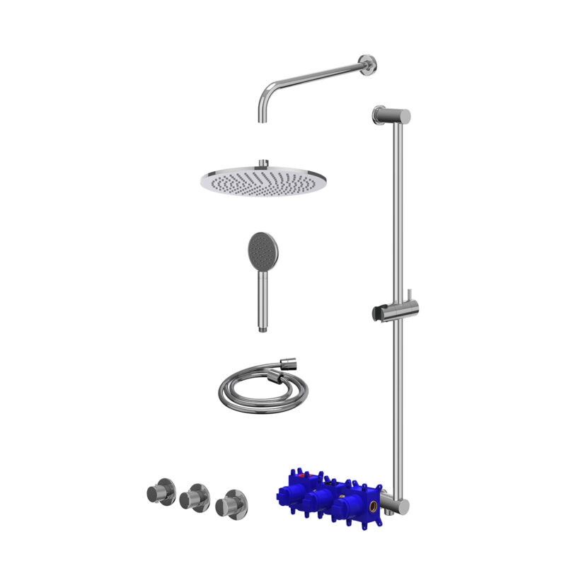 Regendoucheset inbouwthermostaatkraan met 2 vaste stopkranen symmetry, wandarm, R30cmME, glijstang met uitlaat, doucheslang 150cm en satin spray handdouche