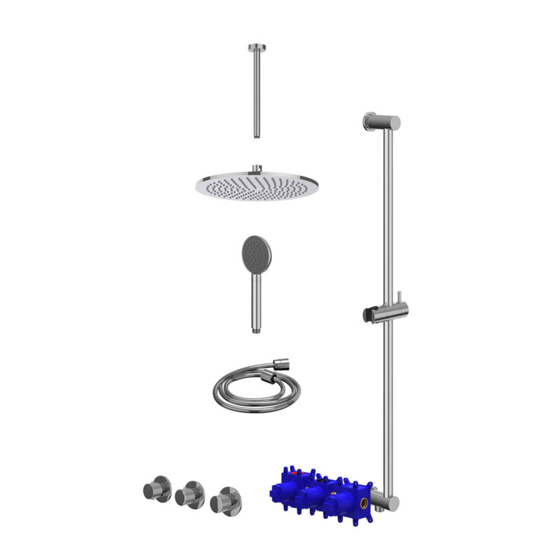 Regendoucheset inbouwthermostaatkraan met 2 vaste stopkranen symmetry, plafondbuis 30cm, R30cmME, glijstang met uitlaat, doucheslang 150cm en satin spray handdouche