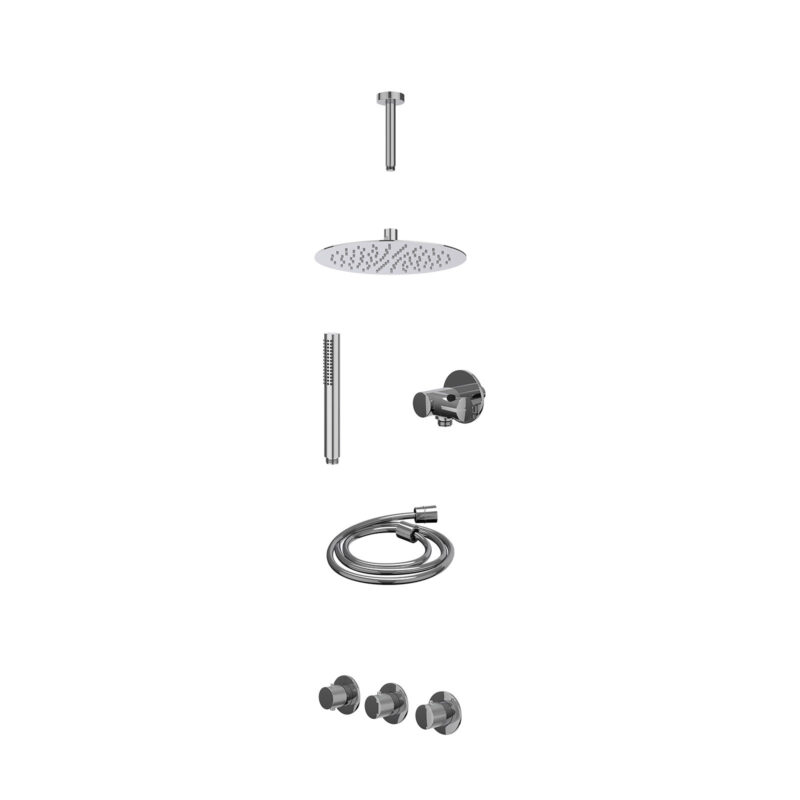 Winkelwagen 30 Excl. inbouwbox regendoucheset inbouwthermostaatkraan met 2 vaste stopkranen symmetry, plafondbuis 15cm, R25cmSL, verstelbare steun met geïnt. uitlaat, doucheslang 150cm en staafmodel