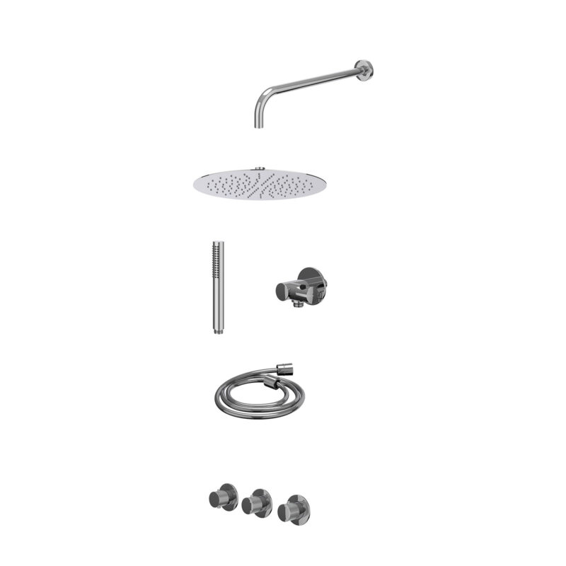 Excl. inbouwbox regendoucheset inbouwthermostaatkraan met 2 vaste stopkranen symmetry, wandarm, R30cmSL, verstelbare steun met geïnt. uitlaat, doucheslang 150cm en staafmodel