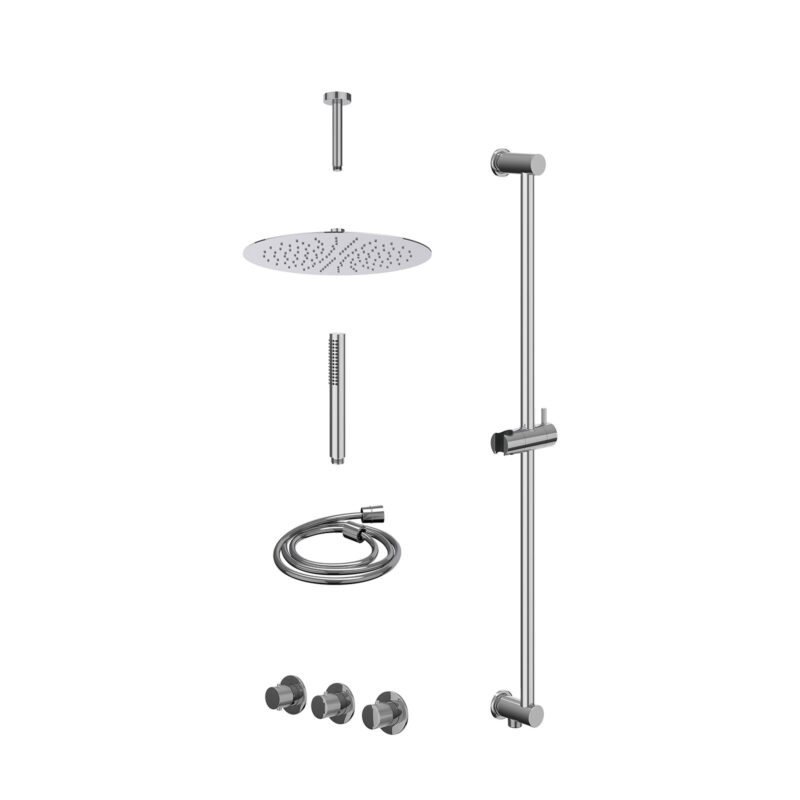 Winkelwagen 12 Excl. inbouwbox regendoucheset inbouwthermostaatkraan met 2 vaste stopkranen symmetry, plafondbuis 15cm, R30cmSL, glijstang met uitlaat, doucheslang 150cm en staafmodel