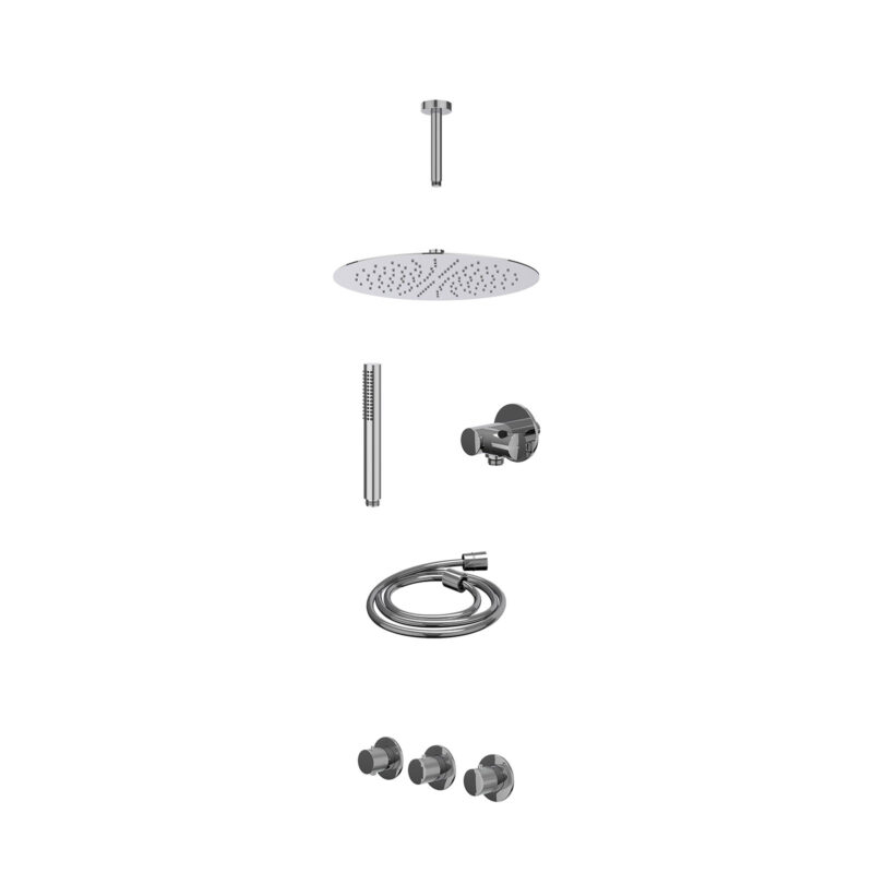 Excl. inbouwbox regendoucheset inbouwthermostaatkraan met 2 vaste stopkranen symmetry, plafondbuis 15cm, R30cmSL, verstelbare steun met geïnt. uitlaat, doucheslang 150cm en staafmodel